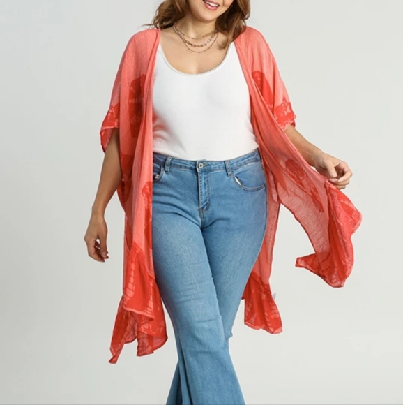 Nwt Umgee Circle Tie Dye Red Open Kimono String Tie Ruffle Hem, XL-1X - Picture 3 of 5